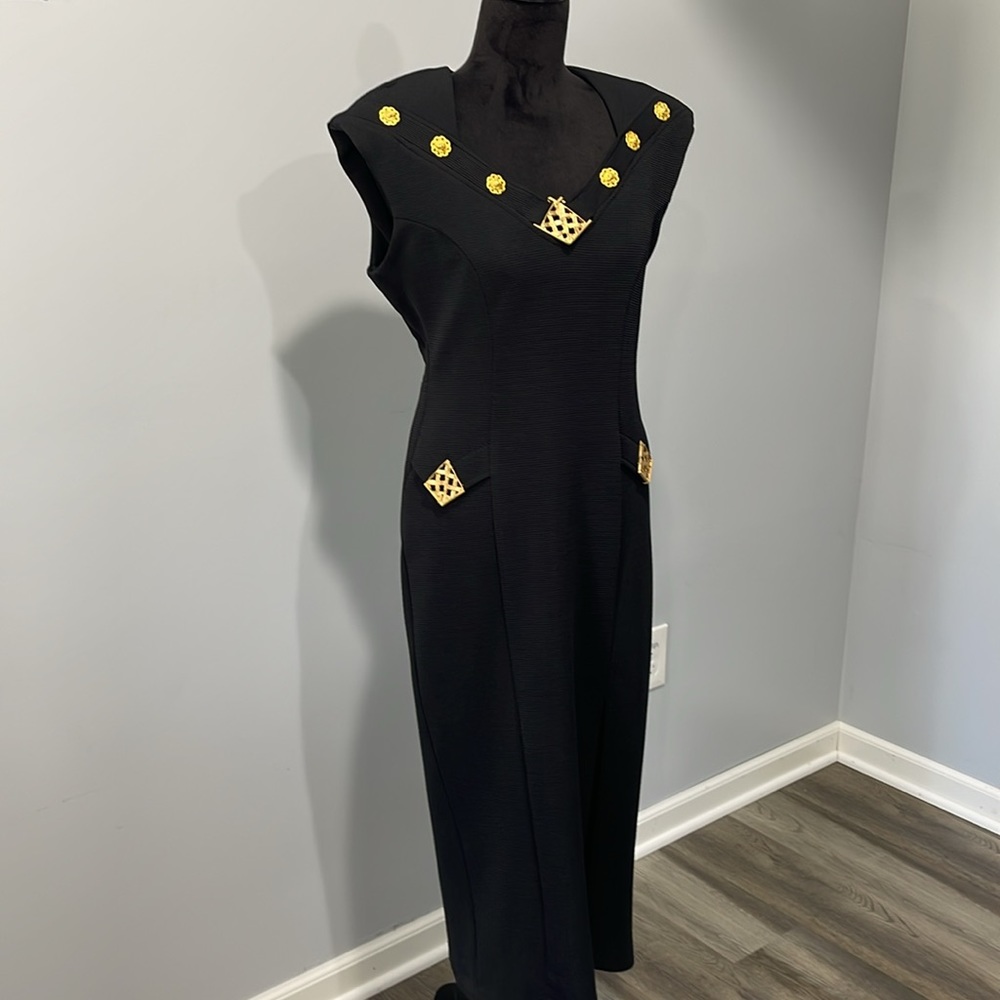 Vintage Joseph Ribkoff women size 8 dress black cocktail sleeveless gold decor - Picture 5 of 16